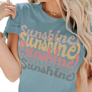 INFITTY Wavy Letters Print T Shirts Short Sleeve Large‎ Blue Summer Sunshine NWT